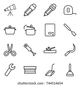 thin line icon set : telescope, pencil, measuring tape, pan, steam, kitchen scales, spatula, scissors, blender, soil cutter, sickle, wrench, sponge, scoop, plunger