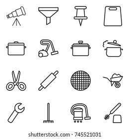 thin line icon set : telescope, funnel, pin, cutting board, pan, vacuum cleaner, steam, scissors, rolling, sieve, wheelbarrow, wrench, rake, toilet brush