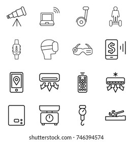 thin line icon set : telescope, notebook wireless, segway, hoverboard, smart watch, virtual mask, glasses, mobile pay, location, air conditioning, remote control, kitchen scales, handle, soil cutter