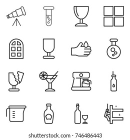thin line icon set : telescope, vial, wineglass, window, arch, fragile, acid, chemical, broken, cocktail, coffee maker, vegetable oil, measuring cup, ketchup, wine, skyscrapers cleaning