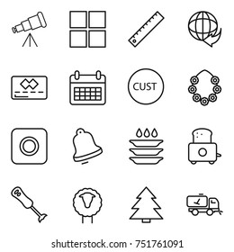 thin line icon set : telescope, window, ruler, delivery, credit card, calendar, customs, hawaiian wreath, ring button, bell, plate washing, toaster, blender, sheep, spruce, home call cleaning