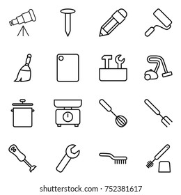 thin line icon set : telescope, nail, pencil, repair, broom, cutting board, tools, vacuum cleaner, pan, kitchen scales, whisk, big fork, blender, wrench, brush, toilet