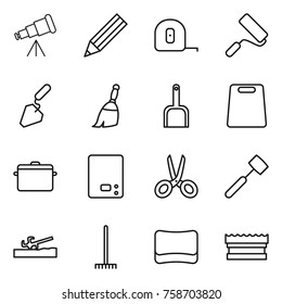 Thin line icon set : telescope, pencil, measuring tape, repair, construction, broom, scoop, cutting board, pan, kitchen scales, scissors, meat hammer, soil cutter, rake, sponge