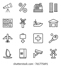 Thin line icon set : telescope, percent, cashbox, skyscrapers, modular house, windmill, sea shipping, warehouse, airplane, baggage get, first aid, tennis, windsurfing, fridge, surveillance camera