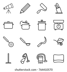 Thin line icon set : telescope, pencil, repair, stands for knives, pan, steam, kitchen scales, skimmer, ladle, sickle, wheelbarrow, rake, vacuum cleaner, sponge