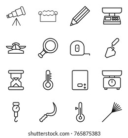 Thin line icon set : telescope, electrostatic, pencil, market scales, magnifier, measuring tape, construction, sand clock, thermometer, kitchen, handle, sickle, rake