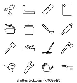 Thin line icon set : telescope, ruler, level, cutting board, steam pan, ladle, rolling pin, meat hammer, soil cutter, rake, axe, wheelbarrow, wrench, watering can, brush