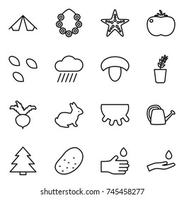 thin line icon set : tent, hawaiian wreath, starfish, tomato, seeds, rain cloud, mushroom, seedling, beet, rabbit, udder, watering can, spruce, potato, hand drop, and