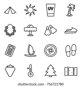 thin line icon set : tent, sun, uv cream, palm, hawaiian wreath, restaurant, flippers, jet ski, inflatable mattress, windsurfing, cooler fan, slippers, berry, thermometer, spruce, clean window