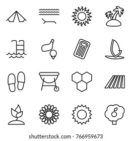 Thin line icon set : tent, lounger, sun, island, pool, golf, inflatable mattress, windsurfing, slippers, bbq, honeycombs, field, sprouting, flower, garden
