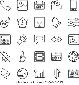 Thin Line Icon Set - term vector, mobile, call, message, gallery, tuning, themes, calculator, alarm, bell, scanner, network, data exchange, download, torch, mute, eye id, music, video, photo