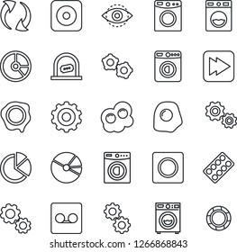 Thin Line Icon Set - ticket office vector, washer, gear, circle chart, stamp, pills blister, fast forward, rec button, update, record, eye id, pie graph, omelette, crisis management