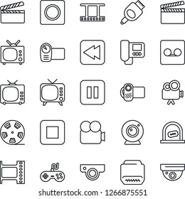 Thin Line Icon Set - ticket office vector, clapboard, film frame, reel, tv, gamepad, video camera, pause button, stop, rewind, hdmi, record, web, intercome, surveillance