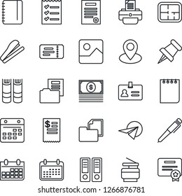 Thin Line Icon Set - ticket vector, identity, book, office binder, notepad, calendar, printer, pin, folder document, paper, gallery, checklist, copier, contract, pen, stapler, plan, cash, plane