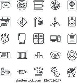 Thin Line Icon Set - ticket vector, passport, gear, calculator, brainstorm, well, greenhouse, eye, 24 hours, cargo container, clipboard, speaker, calendar, office phone, target, windmill, bathroom