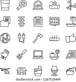 Thin Line Icon Set - ticket office vector, helicopter, luggage scales, chair, document search, garden fork, glove, axe, monitor pulse, heart diagnostic, store, traffic light, clipboard, heavy, rca