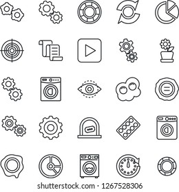 Thin Line Icon Set - ticket office vector, washer, gear, contract, circle chart, stamp, pills blister, play button, eye id, update, pie graph, target, flower in pot, omelette, clock