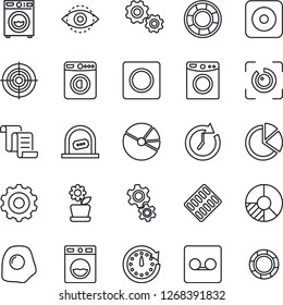 Thin Line Icon Set - ticket office vector, washer, gear, contract, circle chart, pills blister, rec button, record, eye id, pie graph, target, flower in pot, omelette, clock, crisis management