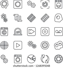Thin Line Icon Set - ticket office vector, washer, gear, contract, stamp, pills blister, play button, fast forward, rec, update, record, eye id, pie graph, target, omelette, crisis management