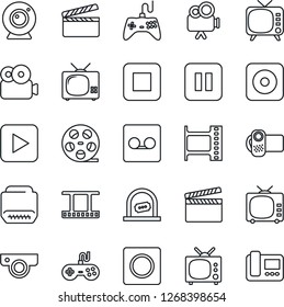 Thin Line Icon Set - ticket office vector, clapboard, film frame, reel, tv, gamepad, video camera, play button, pause, stop, rec, hdmi, record, web, intercome
