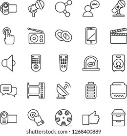 Thin Line Icon Set - ticket office vector, satellite antenna, clapboard, film frame, reel, microphone, radio, speaker, video camera, remote control, cell phone, touch screen, dialog, share, chain