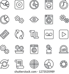 Thin Line Icon Set - ticket office vector, washer, gear, contract, circle chart, pills blister, play button, rec, update, record, eye id, pie graph, target, flower in pot, clock, crisis management