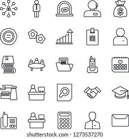 Thin Line Icon Set - ticket office vector, manager, gear, growth statistic, hierarchy, document search, graduate, money bag, meeting, place, factory, stamp, medical calendar, phone, radio, user