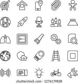Thin Line Icon Set - ticket vector, baby, pedestal, ladder, saw, bike, lungs, earth, mobile tracking, warehouse storage, network, stop button, scanner, paper clip, document search, office chair