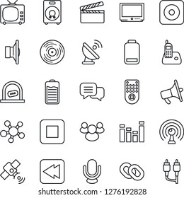 Thin Line Icon Set - ticket office vector, satellite antenna, clapboard, vinyl, speaker, loudspeaker, tv, equalizer, microphone, remote control, dialog, radio phone, share, chain, group, battery