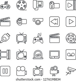 Thin Line Icon Set - ticket office vector, clapboard, film frame, reel, tv, gamepad, video camera, play button, pause, rewind, hdmi, record, web, intercome, surveillance