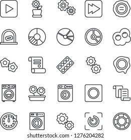 Thin Line Icon Set - ticket office vector, washer, gear, contract, circle chart, stamp, pills blister, play button, fast forward, record, eye id, pie graph, flower in pot, omelette, clock