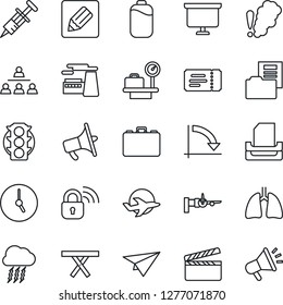 Thin Line Icon Set - ticket vector, storm cloud, boarding, luggage scales, case, presentation board, crisis graph, factory, picnic table, syringe, lungs, plane, traffic light, clapboard, loudspeaker