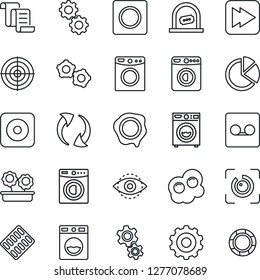 Thin Line Icon Set - ticket office vector, washer, gear, contract, stamp, pills blister, fast forward, rec button, update, record, eye id, pie graph, target, flower in pot, omelette