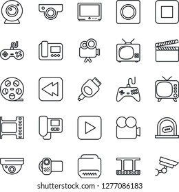 Thin Line Icon Set - ticket office vector, clapboard, film frame, reel, tv, gamepad, video camera, play button, stop, rewind, hdmi, record, web, intercome, surveillance