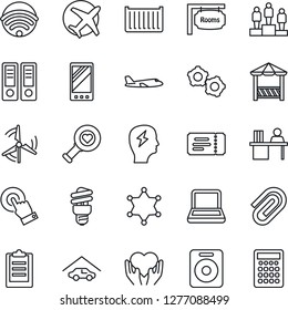 Thin Line Icon Set - ticket vector, plane, gear, pedestal, office binder, brainstorm, heart diagnostic, hand, cargo container, touch screen, speaker, mobile, clipboard, paper clip, manager desk