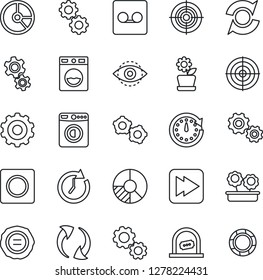 Thin Line Icon Set - ticket office vector, washer, gear, circle chart, stamp, fast forward, update, record, eye id, target, flower in pot, clock, crisis management