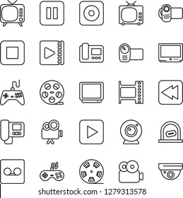 Thin Line Icon Set - ticket office vector, film frame, reel, tv, gamepad, video camera, play button, pause, stop, rewind, rec, record, web, intercome, surveillance