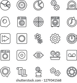 Thin Line Icon Set - ticket office vector, washer, gear, contract, stamp, fast forward, rec button, record, eye id, pie graph, target, flower in pot, omelette, clock, crisis management