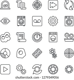 Thin Line Icon Set - ticket office vector, gear, contract, circle chart, pills blister, play button, fast forward, update, record, eye id, target, washer, flower in pot, omelette, clock