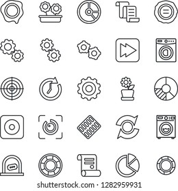 Thin Line Icon Set - ticket office vector, gear, contract, circle chart, stamp, pills blister, fast forward, rec button, eye id, update, pie graph, target, washer, flower in pot, clock