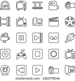 Thin Line Icon Set - ticket office vector, clapboard, film frame, reel, tv, gamepad, video camera, play button, pause, stop, rewind, rec, hdmi, record, web, intercome