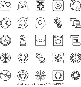 Thin Line Icon Set - ticket office vector, contract, circle chart, stamp, rec button, update, record, eye id, pie graph, target, washer, flower in pot, omelette, gear, clock, crisis management