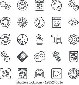 Thin Line Icon Set - ticket office vector, washer, gear, contract, circle chart, stamp, pills blister, fast forward, update, eye id, target, flower in pot, omelette, clock