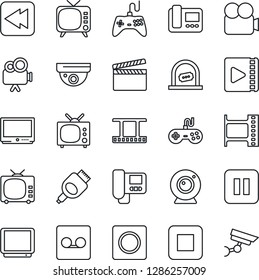Thin Line Icon Set - ticket office vector, clapboard, film frame, tv, gamepad, video camera, pause button, stop, rewind, hdmi, record, web, intercome, surveillance