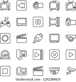 Thin Line Icon Set - ticket office vector, clapboard, film frame, tv, gamepad, video camera, play button, pause, stop, rewind, rec, hdmi, record, web, intercome, surveillance