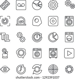 Thin Line Icon Set - ticket office vector, washer, gear, contract, stamp, pills blister, play button, rec, record, eye id, update, pie graph, target, flower in pot, omelette, clock
