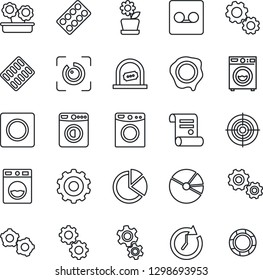 Thin Line Icon Set - ticket office vector, washer, gear, stamp, contract, pills blister, record, eye id, pie graph, target, flower in pot, clock, crisis management