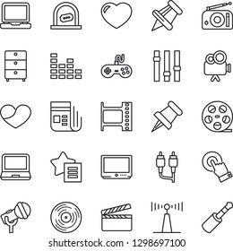 Thin Line Icon Set - ticket office vector, clapboard, film frame, reel, vinyl, archive chest, microphone, radio, antenna, news, gamepad, settings, equalizer, tv, video camera, touch screen, heart