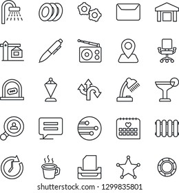 Thin Line Icon Set - ticket office vector, shower, gear, pennant, pen, medical calendar, route, navigation, warehouse, radio, message, network, coffee, desk lamp, paper tray, mail, client search