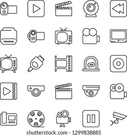 Thin Line Icon Set - ticket office vector, clapboard, film frame, reel, tv, video camera, play button, pause, rewind, rec, hdmi, web, intercome, surveillance